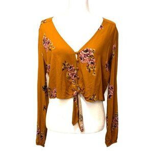 Wild Fable Tie Button-Front V Neck Long Sleeves Floral Crop Top Blouse Medium